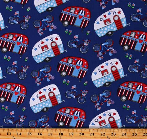 Americana Campers Metallic Patriotic Cotton Fabric 